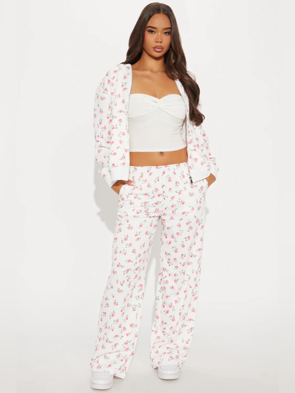 White Floral Lounge Set - Pink Rose Print